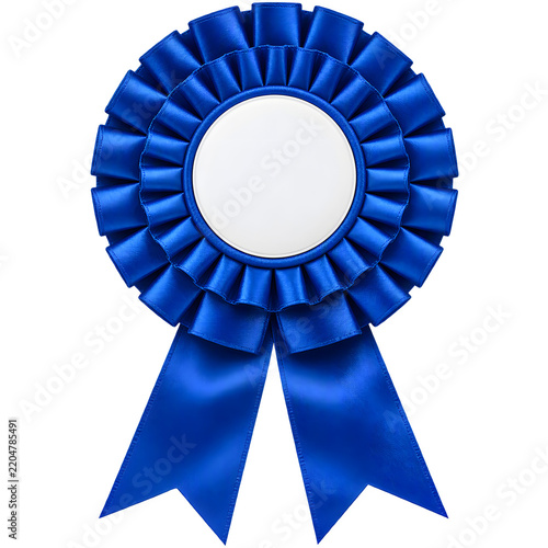 A classic royal blue award ribbon rosette with multiple layers of finely pleated satin fabric, perfectly symmetrical circular shape, completely blank white center badge, elegant hanging ribbon tails, 