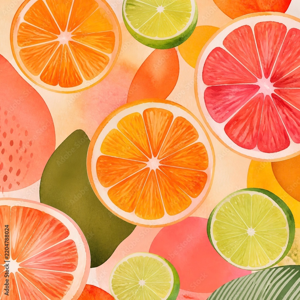 Fototapeta premium Modern watercolor artwork featuring sliced oranges, grapefruit and limes, interiors, energetic playful mood, statement wall art