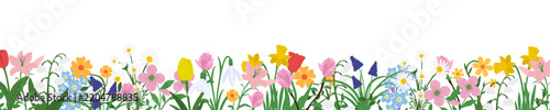Floral Horizontal white banner with multicolored blooming flowers and leaves border. Modern poster design decorated with botanical plants and wildflowers. Colorful flat vector illustration isolated