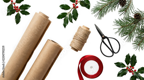 Christmas gift wrapping supplies with kraft paper, twine, scissors, red ribbon and holly branches isolated on transparent background