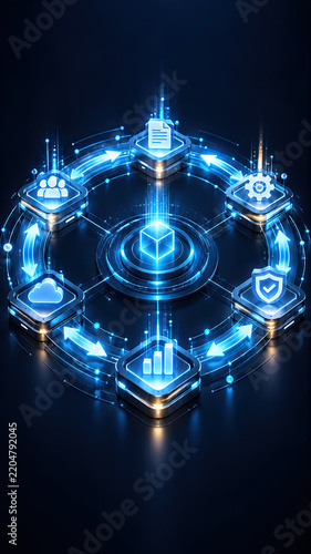 Neon AI workflow cycle with glowing data network, cloud storage, document, security, analytics, and automation symbols