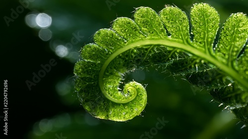 Macro shot of a young fern frond unfurling in a lush forest.
