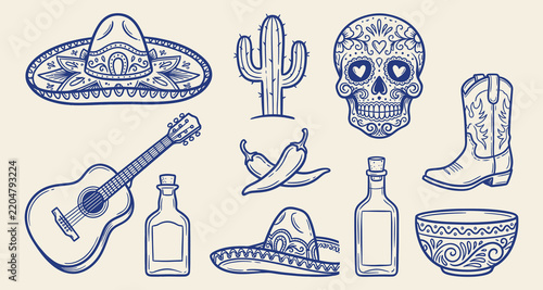 Hand drawn blue line art vector set of Mexican culture symbols and traditional icons