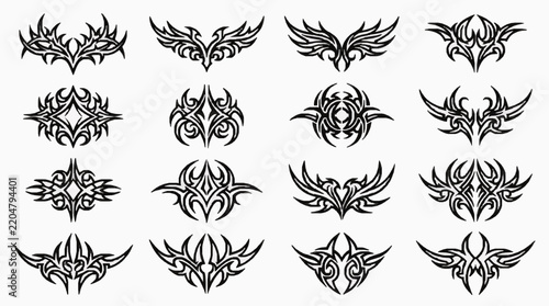 Black tribal tattoo flash art collection with sharp symmetrical shapes