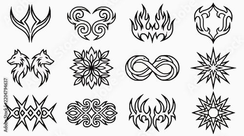 Black ink tribal tattoo set with wolf heads and floral ornaments