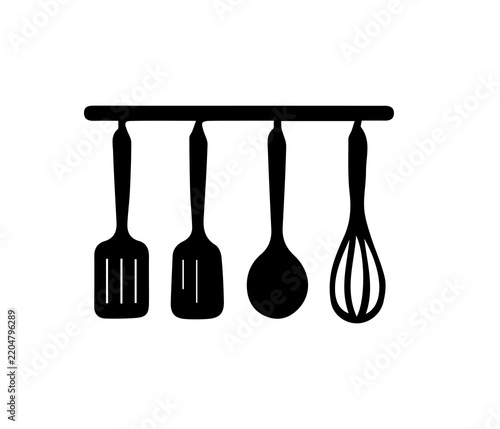 Black Kitchen Cooking Utensils Set Spatula Ladle and Whisk Collection Icon