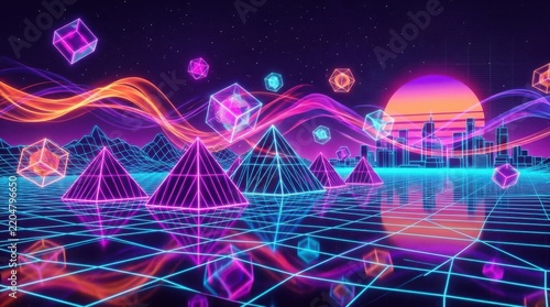 Futuristic geometric pyramids with glowing crystals in digital space