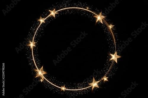 Circular golden frame adorned with glowing stars and glittering particles isolated on black backdrop.