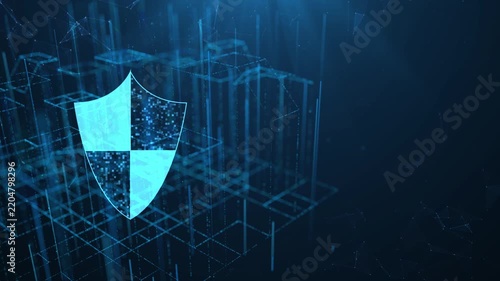 Abstract futuristic cyber security concept. a glowing digital shield icon on a wireframe city grid network.