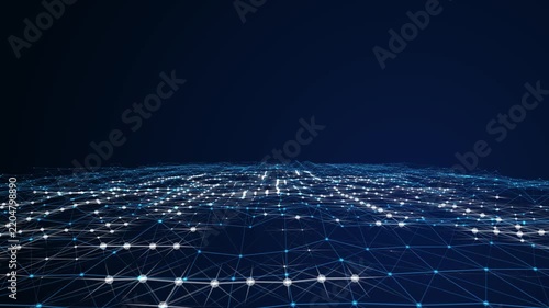 Digital technology mesh perspective background, glowing nodes and lines circuit structure, artificial intelligence data stream, futuristic cyber network grid, global communication background.