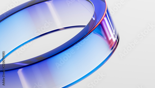 3D translucent glass ring with blue edge on white background for futuristic technology wallpaper