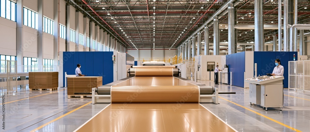 Fototapeta premium Corrugated board production line in modern factory with workers monitoring machinery