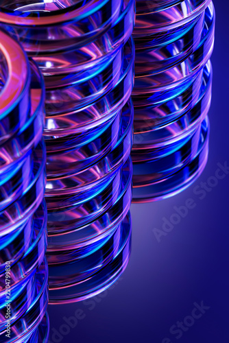 3D suspended glass coil column with purple copy space for futuristic technology poster