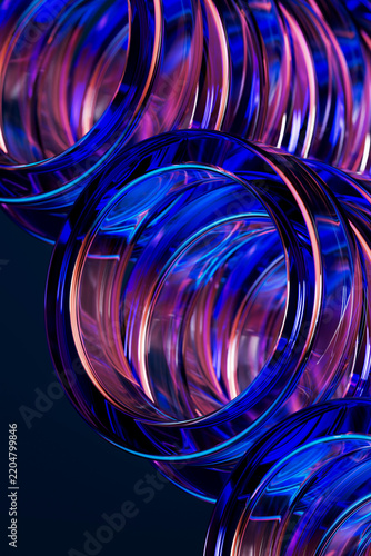 3D nested glass ring tunnel with blue and magenta glow for vertical abstract wallpaper