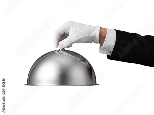 Male food service worker tux wearing gloved formal hand holding lid