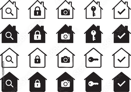 Set of  hand drawn home related icons including search security photography access and confirmation