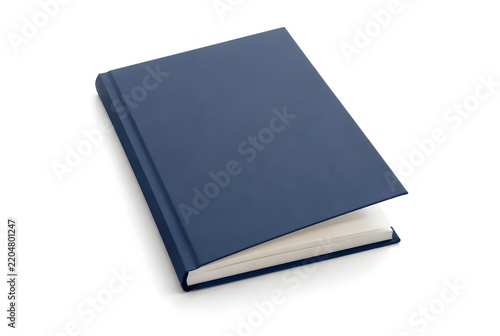 Blue hardcover notebook laying on white background