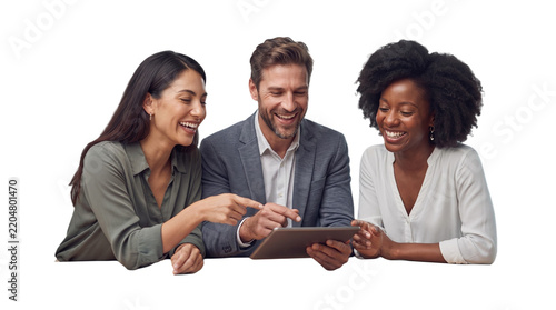 Three diverse business professionals smiling and pointing at tablet sitting at desk