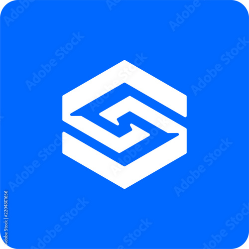 Minimalist Hexagon Technology Logo on Blue Badge. Modern 3D Hexagon Logo Icon on Blue Square Background