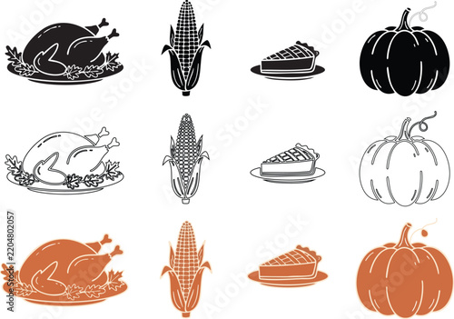 Hand drawn Thanksgiving dinner elements including turkey pumpkin pie and whole pumpkins in color and monochrome