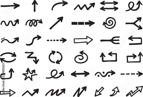 Collection of hand drawn black arrows and pointers in various styles and directions on a white background