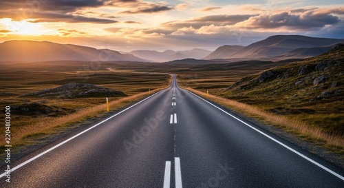 A long, black asphalt road stretches into the distance, flanked by white lane markings. The road cuts through a vast, open landscape of rolling hills and mountains under a vibrant, golden sunset.