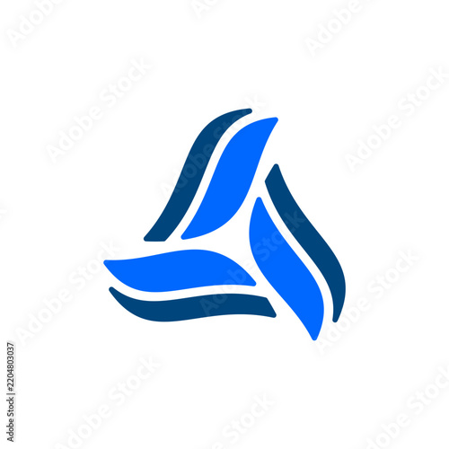Three Curved Ribbons Forming Triangle Logo Icon. Abstract Blue Triangular Swirl Logo Icon Design