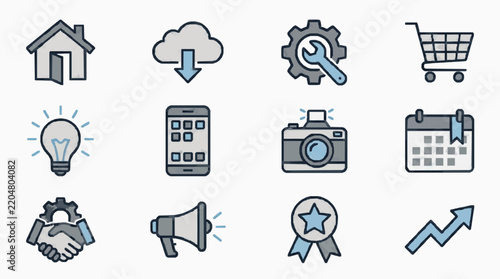 Set of digital technology and business icons with flat outline style