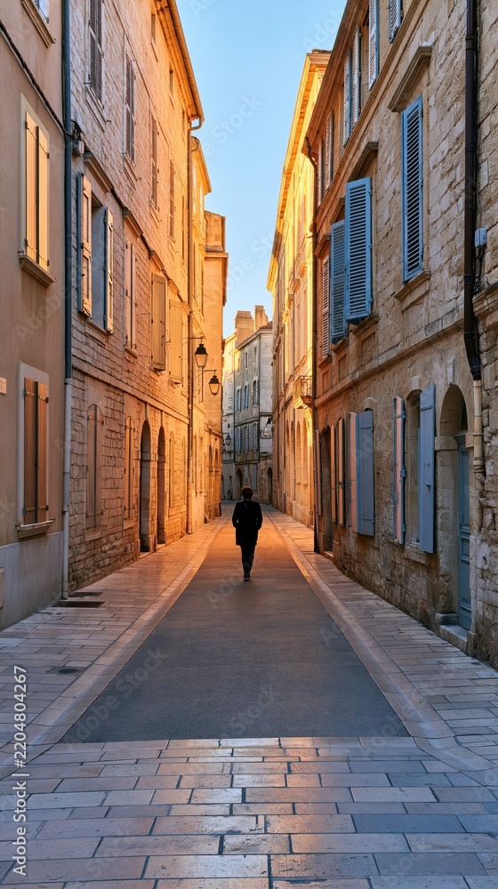 Obraz premium Narrow old town street at dawn with person walking away