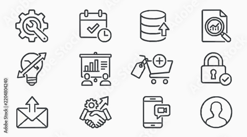 Set of business and productivity icons with outline style on white background