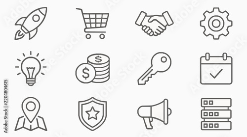 Business startup and commerce outline vector icons set on white