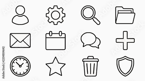 Minimalist black outline interface symbols set for digital applications