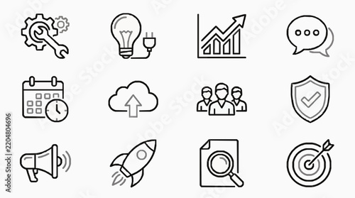 Minimalist Line Art Icons Set Featuring Technology And Business Symbols