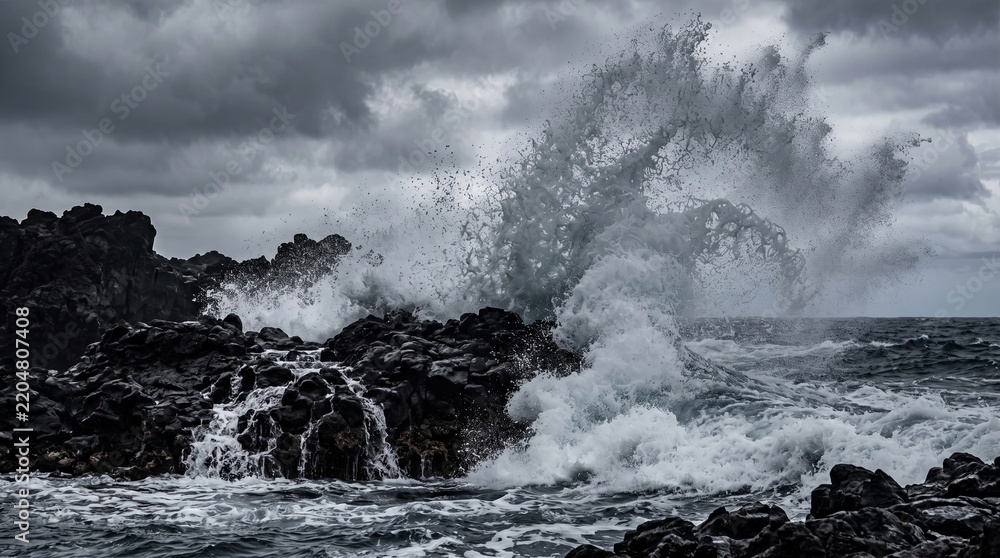 Obraz premium Dramatic ocean wave crashing violently against black volcanic rocks under a stormy overcast sky.