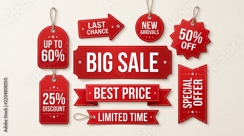 Collection of red sale tags and ribbons announcing discounts, new arrivals, and special offers, symbolizing retail promotion and savings.