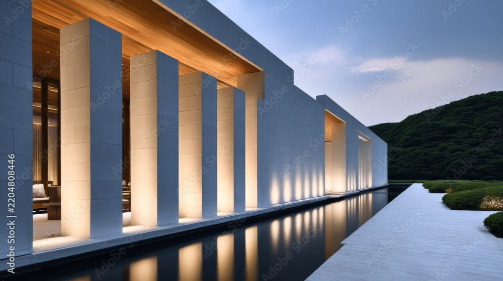 Obraz premium Modern pavilion building with tall columns, serene water feature, minimalist architecture, evening lighting, tranquil mood