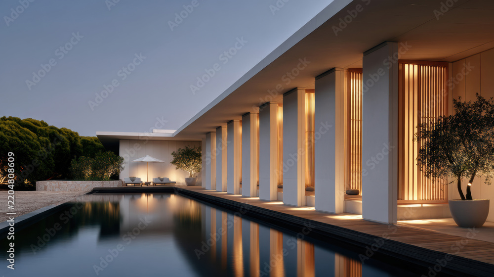 Fototapeta premium Modern pavilion building with illuminated columns, serene pool, minimalist architecture, evening ambiance, luxury exterior
