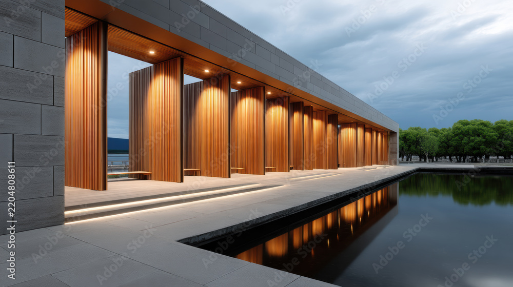 Obraz premium Modern pavilion building with wooden columns, stone exterior, reflecting pool, evening lighting, serene atmosphere