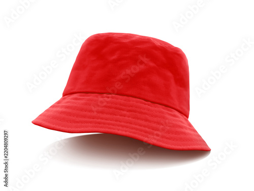 Red bucket hat plain fisherman cap isolated on white background with shadow.