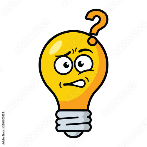 Confused yellow light bulb character with question mark thinking puzzled