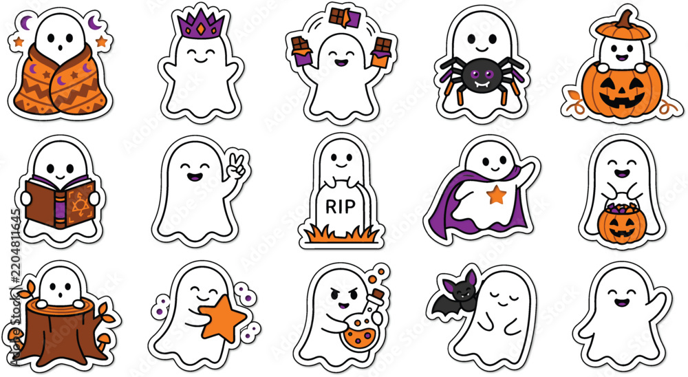 Fototapeta premium Halloween cartoon ghosts and spooky characters celebrating festive season with copy space for text