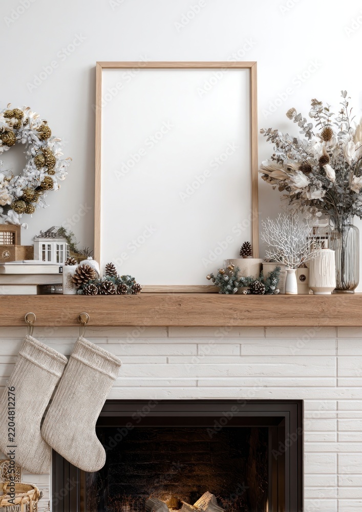 Fototapeta premium Cozy winter mantel decor scene.