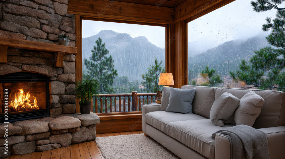 Fototapeta premium Cozy mountain cabin living room with fireplace, large windows, rainy weather, soft sofa, and scenic view