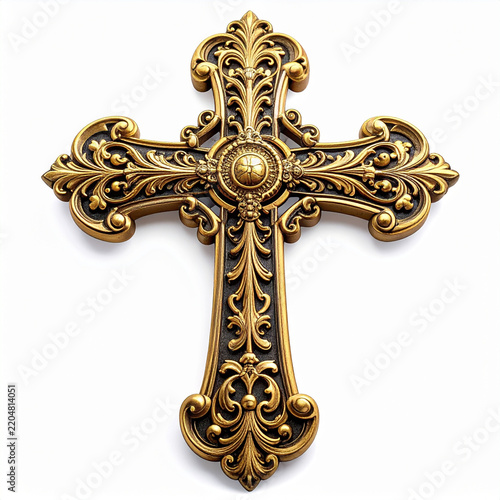 Decorative gold filigree cross with monogram design