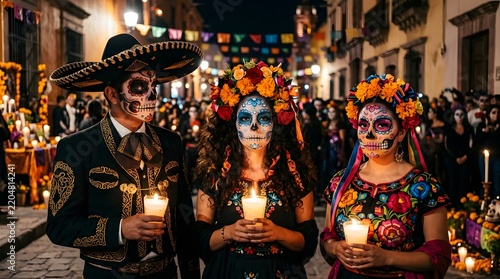 Three individuals in Day of the Dead attire hold candles during a festive nighttime procession
