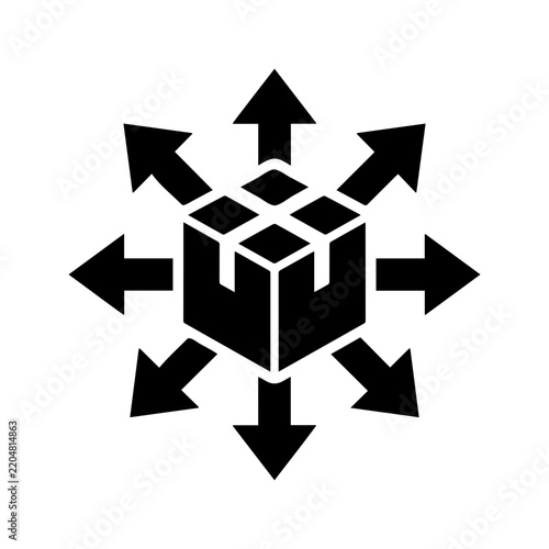 Product Distribution and Logistics Icon with Package Box and Multi Direction Arrows
