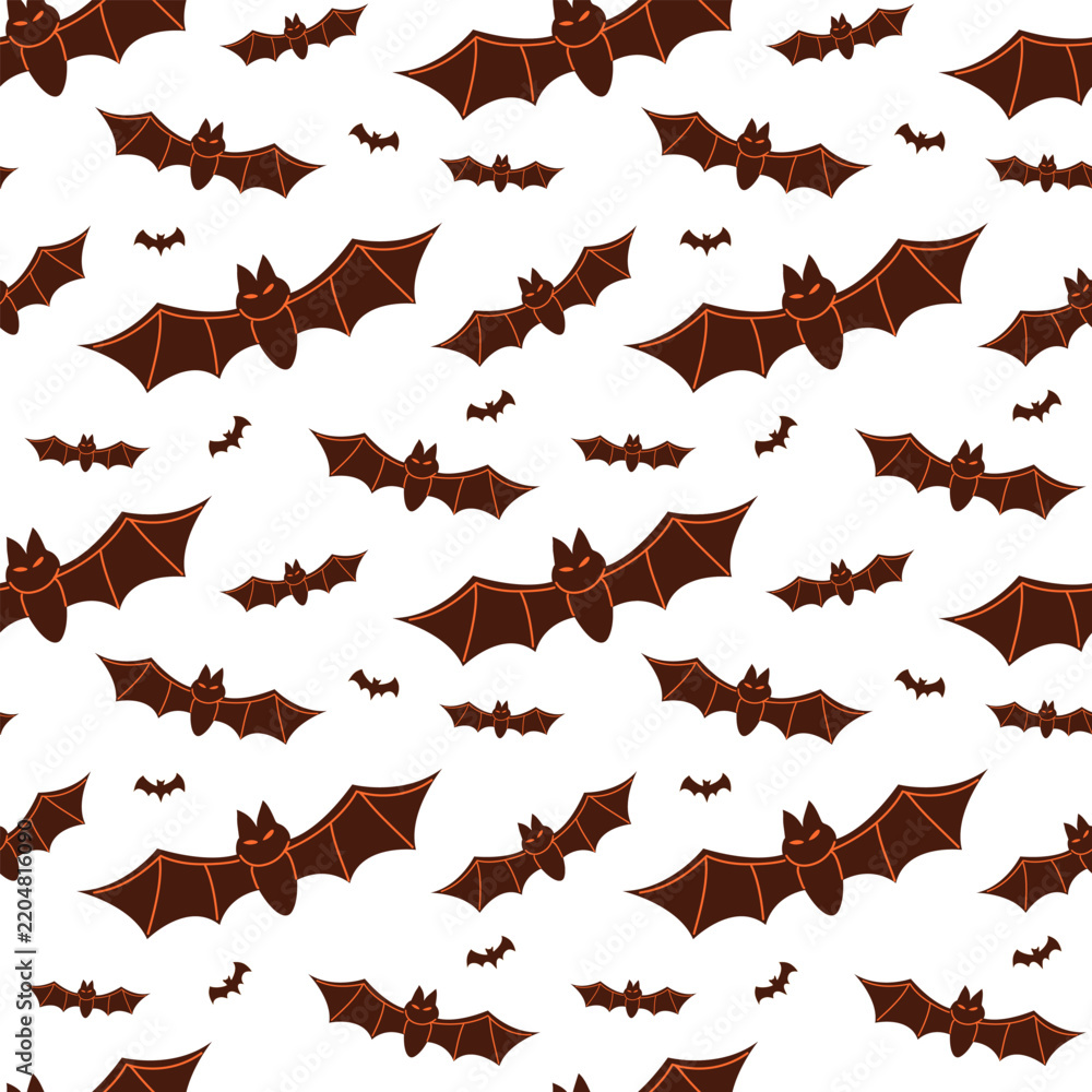 Fototapeta premium Seamless pattern vector of flying dark brown bats with glowing orange outline on white background.