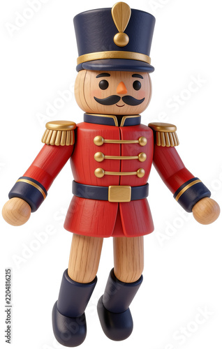 Classic wooden nutcracker toy soldier character wearing red uniform and hat isolated on clean studio background