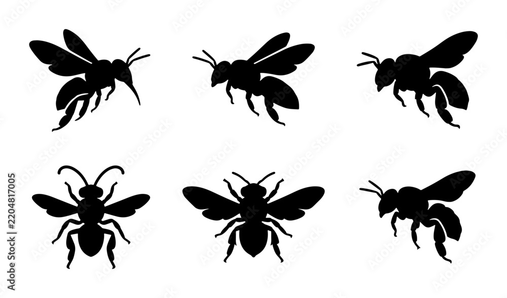 Fototapeta premium Black Bee Silhouettes, Flying Insect Icons, Vector Set for Nature and Apiary Design