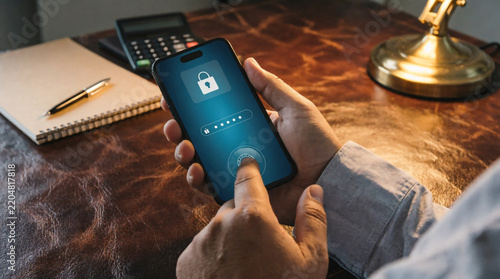 A man securely unlocking his phone with a fingerprint scanner beside a laptop on a wooden desk.